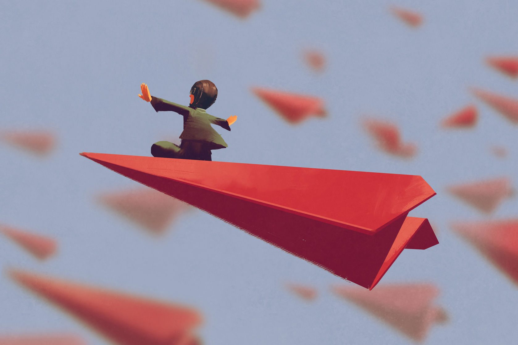 60871747 - man sitting on red airplane paper in the sky,illustration painting