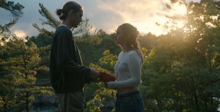 Percy Hynes White and Maisy Stella as teen lovers in My Old Ass, symbolizing young love and loss