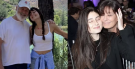 Two side-by-side photos show Romy Reiner with her parents. In the left photo, Romy stands outdoors between her mother and father near a river and mountains. In the right photo, Romy and her mother sit close together at an indoor event, with their eyes closed and their faces touching.