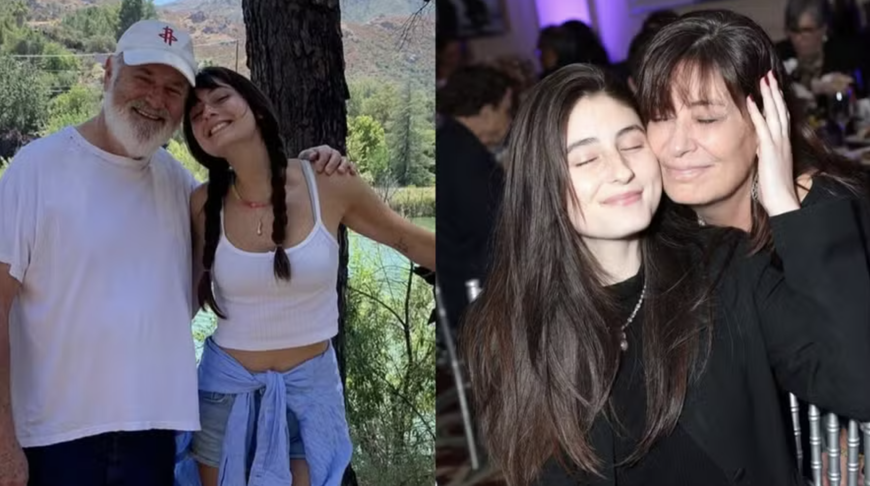 Two side-by-side photos show Romy Reiner with her parents. In the left photo, Romy stands outdoors between her mother and father near a river and mountains. In the right photo, Romy and her mother sit close together at an indoor event, with their eyes closed and their faces touching.