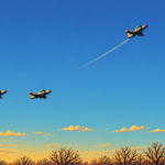 Retro 16-bit pixel art illustration of three small propeller planes flying across a bright blue sky in warm late-afternoon light. Two planes remain side by side in formation while a third pulls ahead and climbs toward the upper right, leaving a faint white trail behind. Bare winter trees line the bottom edge of the wide image, creating a quiet, nostalgic scene inspired by 1990s flight simulator video games.