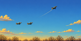 Retro 16-bit pixel art illustration of three small propeller planes flying across a bright blue sky in warm late-afternoon light. Two planes remain side by side in formation while a third pulls ahead and climbs toward the upper right, leaving a faint white trail behind. Bare winter trees line the bottom edge of the wide image, creating a quiet, nostalgic scene inspired by 1990s flight simulator video games.