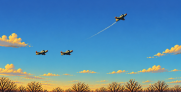 Retro 16-bit pixel art illustration of three small propeller planes flying across a bright blue sky in warm late-afternoon light. Two planes remain side by side in formation while a third pulls ahead and climbs toward the upper right, leaving a faint white trail behind. Bare winter trees line the bottom edge of the wide image, creating a quiet, nostalgic scene inspired by 1990s flight simulator video games.