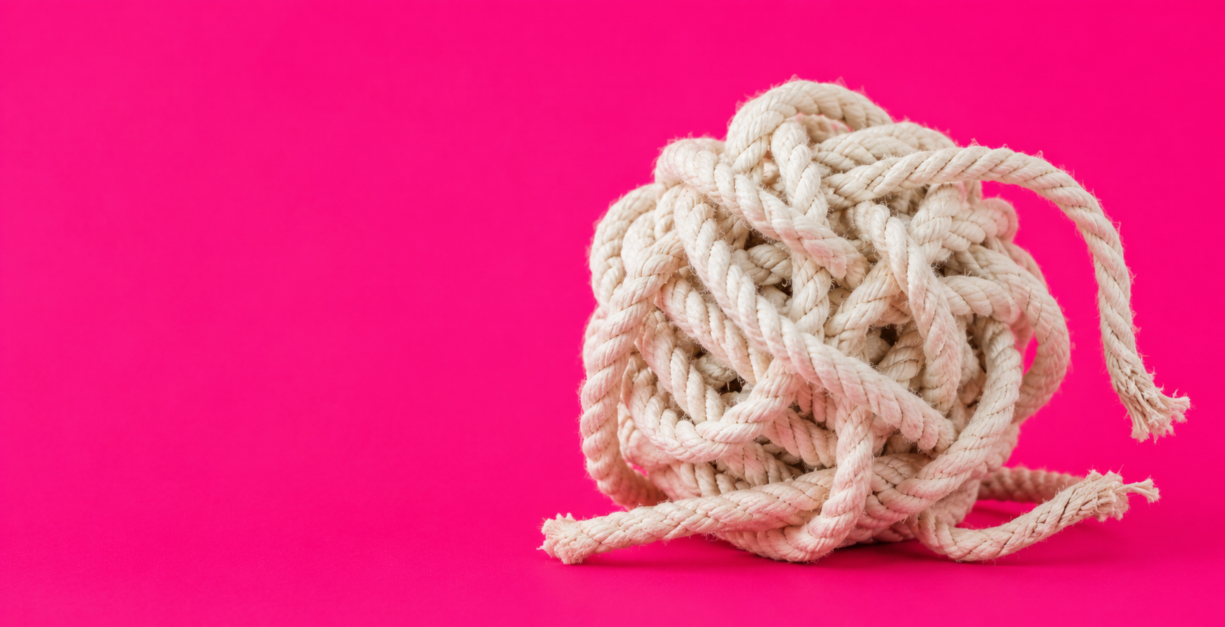 A loosely knotted ball of thick white rope sits on the right side of a vivid hot pink background, with several frayed strands beginning to unravel. The large area of empty space on the left creates a minimalist composition, suggesting the slow process of untangling a complicated relationship.