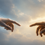 Two masculine hands reach toward one another without touching, their fingertips separated by a small gap against a luminous sky that fades from cool blue to warm gold. The left hand softly dissolves into glowing particles, while the right hand remains solid and warmly lit, evoking connection, loss, and remembrance.