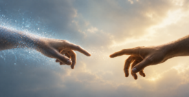 Two masculine hands reach toward one another without touching, their fingertips separated by a small gap against a luminous sky that fades from cool blue to warm gold. The left hand softly dissolves into glowing particles, while the right hand remains solid and warmly lit, evoking connection, loss, and remembrance.