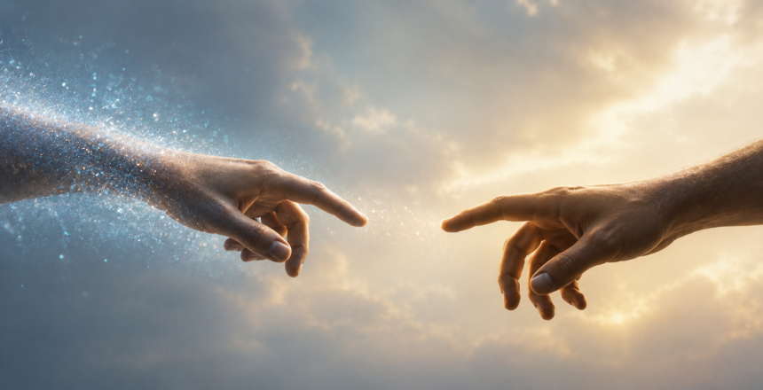 Two masculine hands reach toward one another without touching, their fingertips separated by a small gap against a luminous sky that fades from cool blue to warm gold. The left hand softly dissolves into glowing particles, while the right hand remains solid and warmly lit, evoking connection, loss, and remembrance.