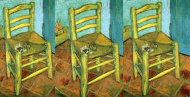 Van Gogh's Chair (1888) shown three times side by side — an empty wooden chair with a pipe on its seat.