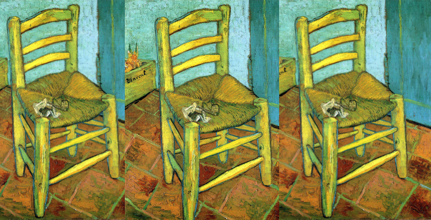 Van Gogh's Chair (1888) shown three times side by side — an empty wooden chair with a pipe on its seat.