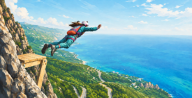 Illustrated wide-format scene of a woman launching from a wooden platform on a rocky cliff, soaring over a lush green coastline and vivid blue ocean while wearing a teal jumpsuit, white helmet, and orange backpack.