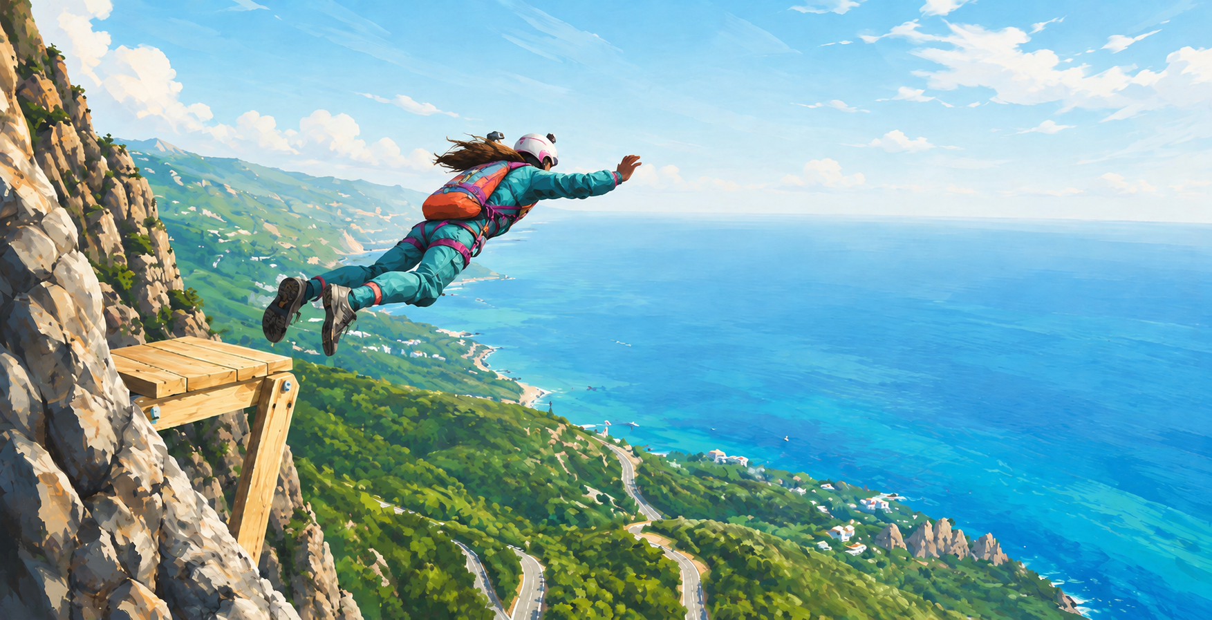 Illustrated wide-format scene of a woman launching from a wooden platform on a rocky cliff, soaring over a lush green coastline and vivid blue ocean while wearing a teal jumpsuit, white helmet, and orange backpack.