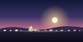A moonlit hillside at dusk, with small stones stacked and scattered along a low stone ledge.